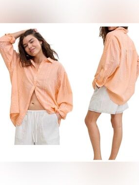 Aerie Woman’s Seersucker Coverup Oversized Shirt Size M Beach Peach Summer
